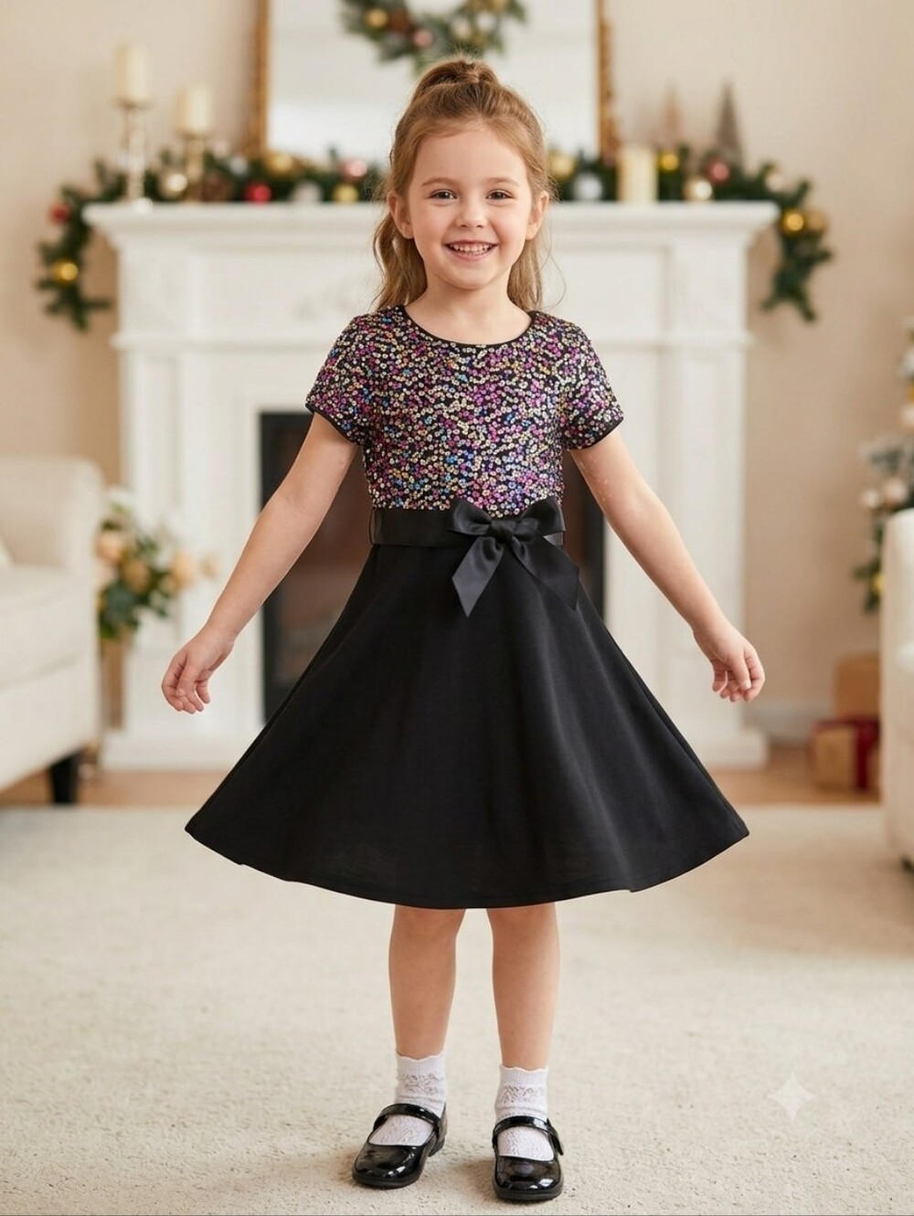 Kids Sequin Party Dress with Satin Bow - Black - Picture 2 of 6